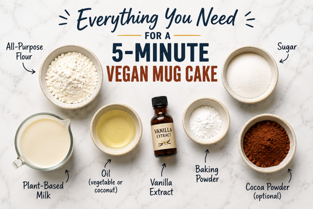 Flat lay of flour, sugar, plant milk, oil, vanilla extract, baking powder, and cocoa powder needed to make a vegan mug cake.