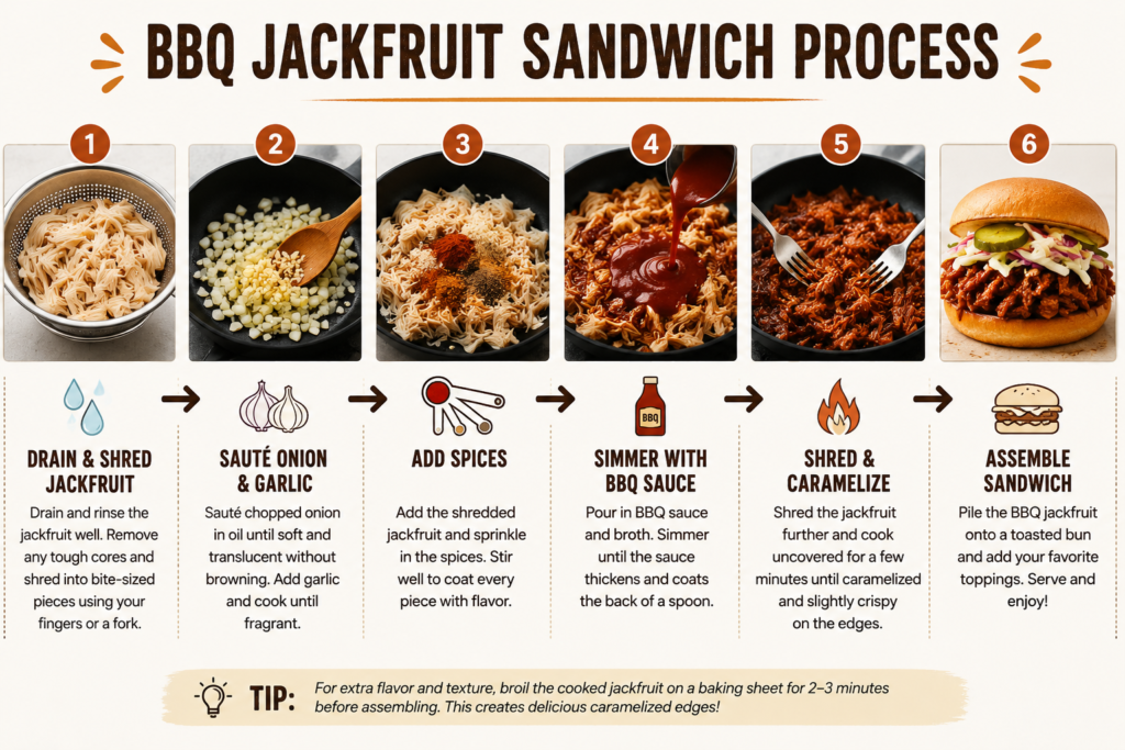 Step-by-step process showing how to make vegan BBQ jackfruit sandwiches from shredded jackfruit to assembled sandwich.