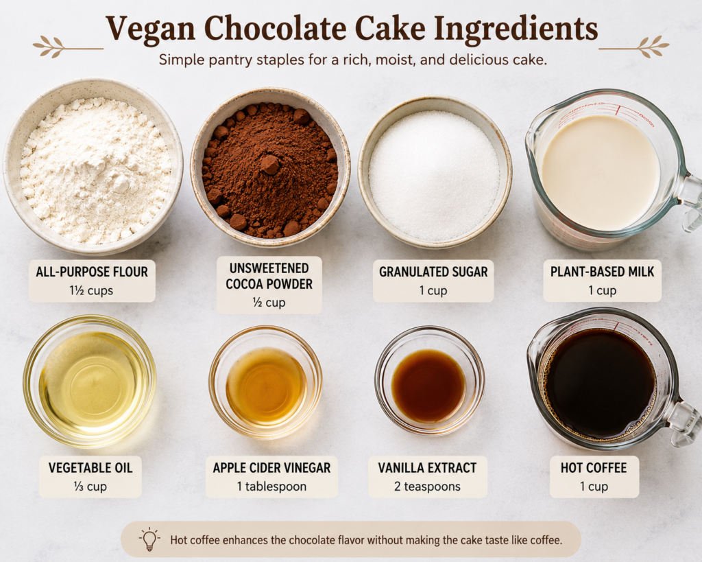 Ingredients for vegan chocolate cake including flour, cocoa powder, sugar, plant milk, oil, vinegar, vanilla extract, and coffee.