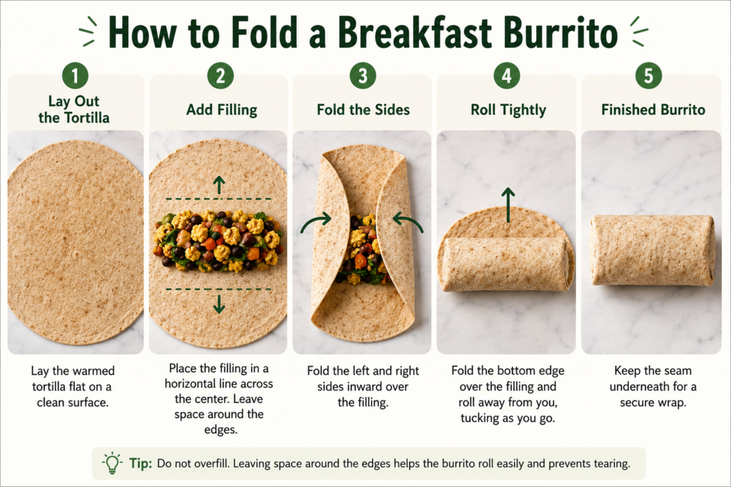 Step-by-step guide showing how to fold a high-protein vegan breakfast burrito, from filling placement to the finished wrapped burrito.