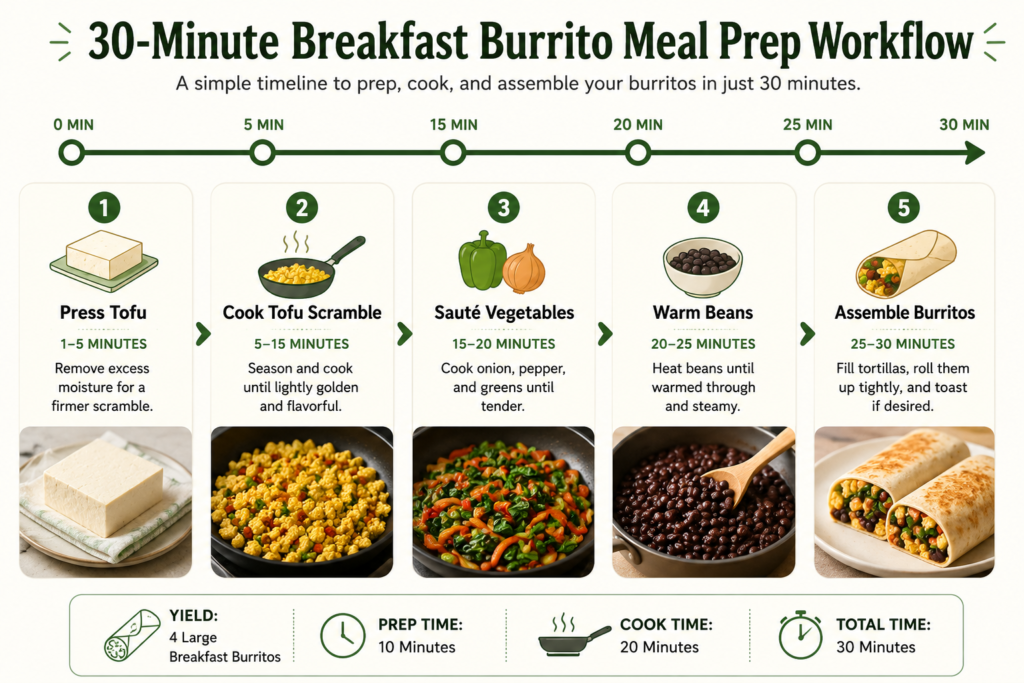30-minute meal prep timeline showing the steps for making high-protein vegan breakfast burritos, including pressing tofu, cooking tofu scramble, sautéing vegetables, warming beans, and assembling burritos.