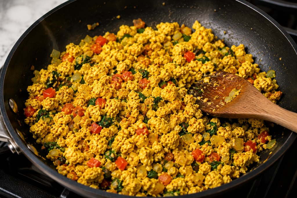 High-protein tofu scramble cooking in a skillet for a vegan breakfast burrito recipe.