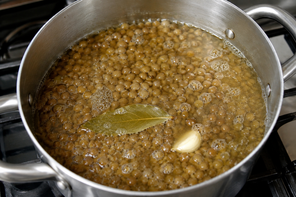 Brown lentils gently simmering in a saucepan during cooking