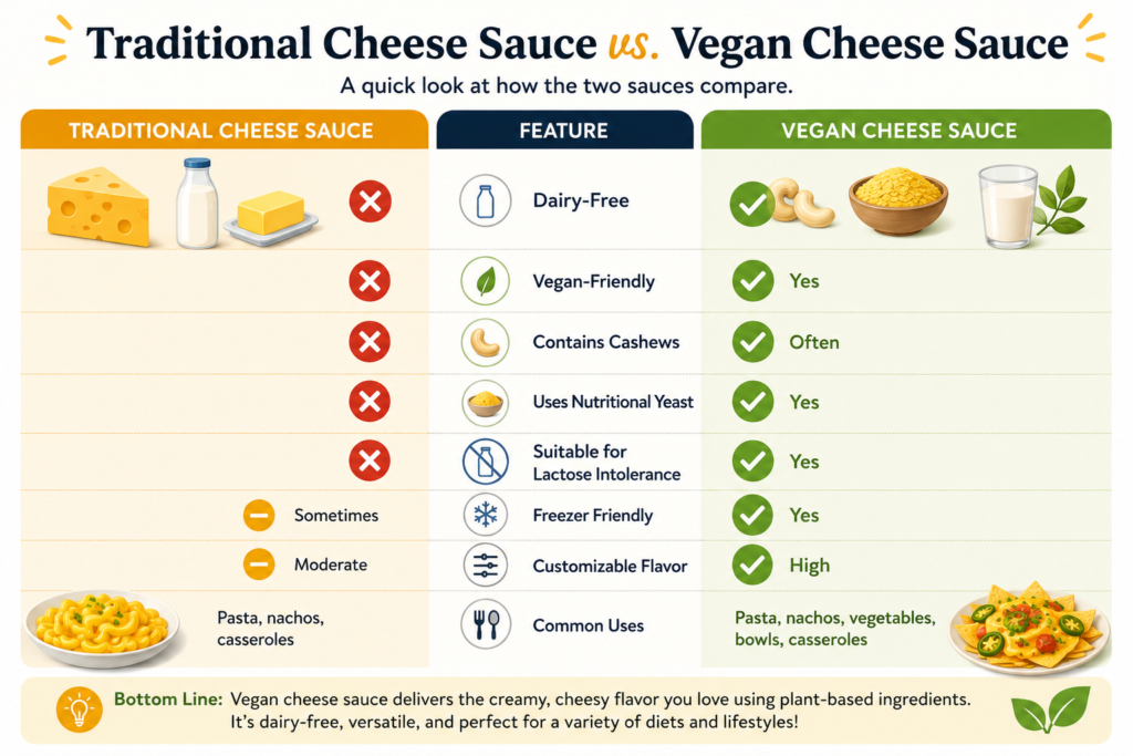 Comparison chart showing the differences between traditional cheese sauce and vegan cheese sauce, including ingredients, dairy content, and dietary suitability.