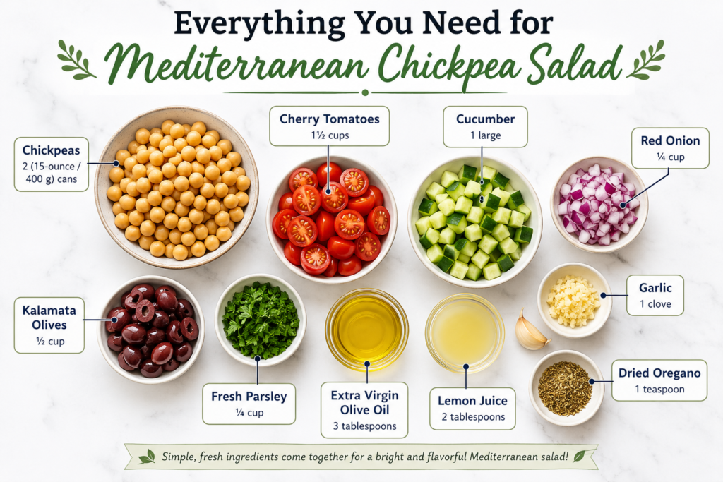 Ingredients for Mediterranean chickpea salad including chickpeas, cherry tomatoes, cucumber, red onion, Kalamata olives, parsley, olive oil, lemon juice, garlic, and oregano.