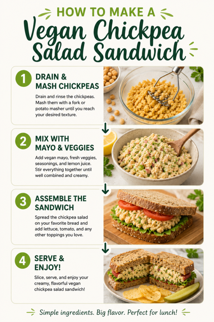 Step-by-step process graphic showing how to make a creamy vegan chickpea salad sandwich by draining and mashing chickpeas, mixing ingredients, assembling the sandwich, and serving.