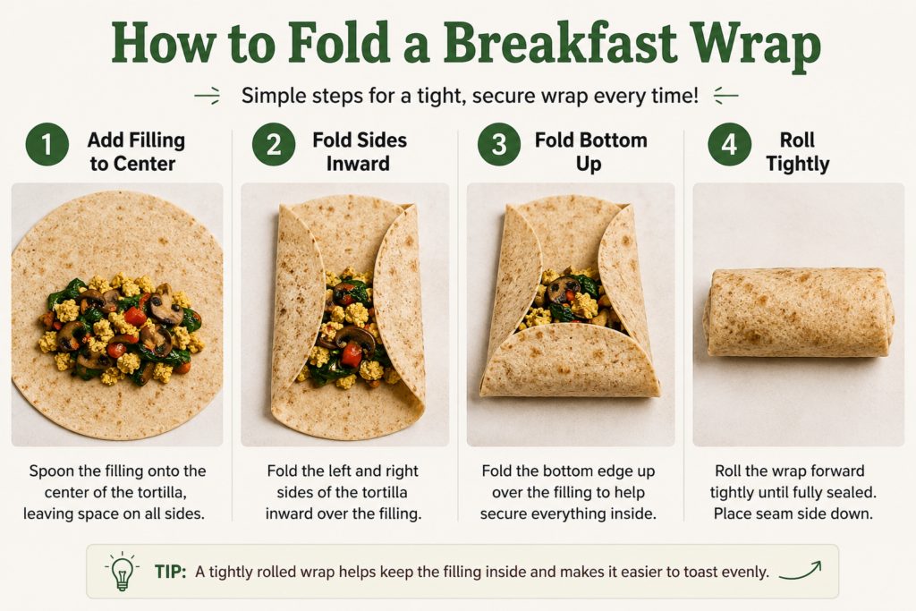 Step-by-step guide showing how to fold a vegan breakfast wrap by adding filling, folding the sides inward, folding the bottom up, and rolling tightly.