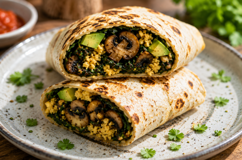 Protein-Packed Vegan Spinach and Mushroom Breakfast Wrap