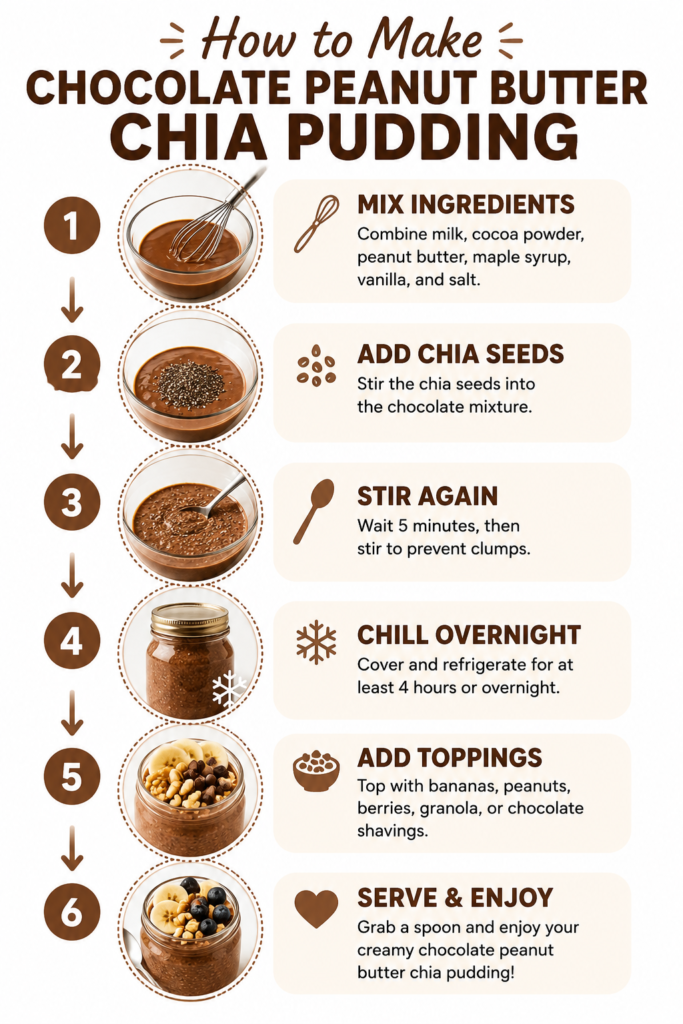 Step-by-step graphic showing how to make Chocolate Peanut Butter Chia Pudding by mixing ingredients, adding chia seeds, stirring again, chilling overnight, adding toppings, and serving.