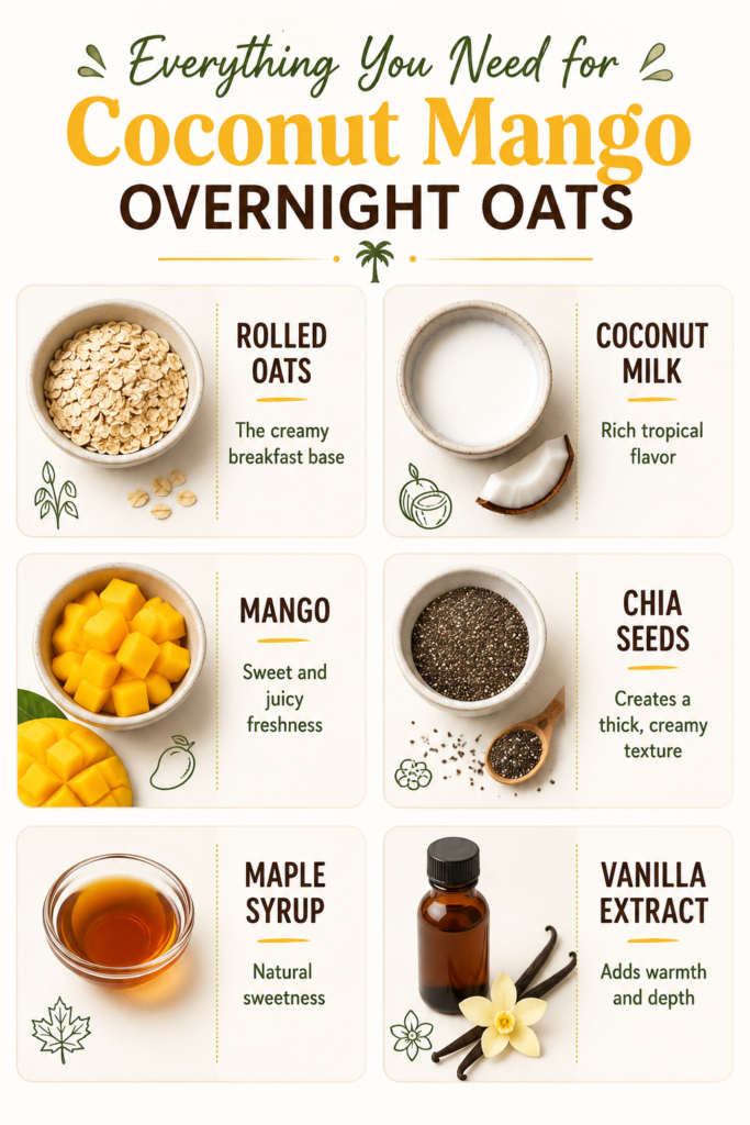Ingredients for coconut mango overnight oats including rolled oats, coconut milk, mango, chia seeds, maple syrup, and vanilla extract.