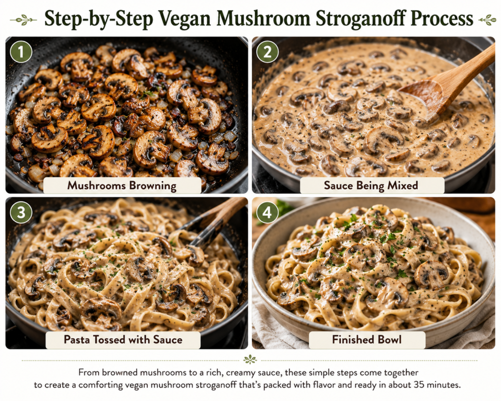 Step-by-step vegan mushroom stroganoff process showing mushrooms browning, creamy sauce being mixed, pasta tossed with sauce, and the finished dish served in a bowl.
