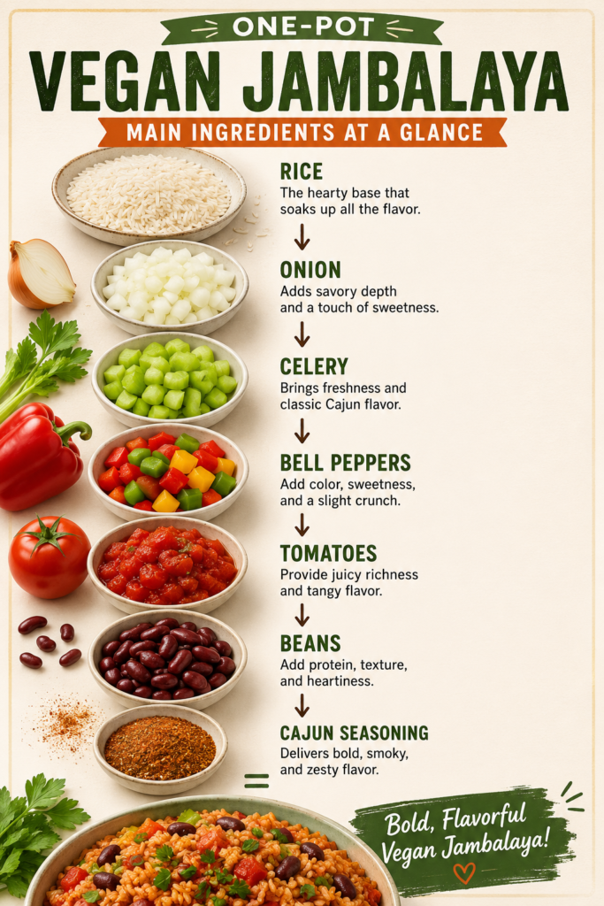 Main ingredients for vegan jambalaya including rice, onion, celery, bell peppers, tomatoes, beans, and Cajun seasoning.