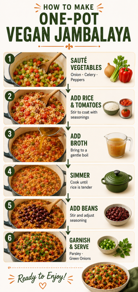 Step-by-step infographic showing how to make one-pot vegan jambalaya from sautéing vegetables to garnishing and serving.
