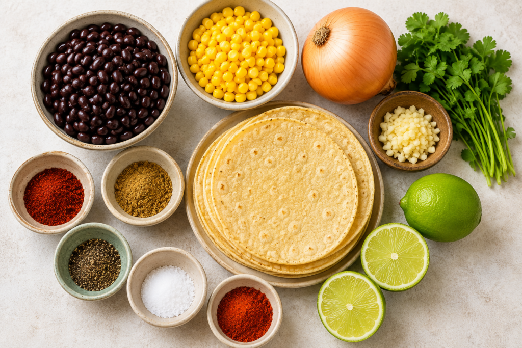 Ingredients needed to make black bean and corn tacos including beans, corn, lime, spices, and tortillas.