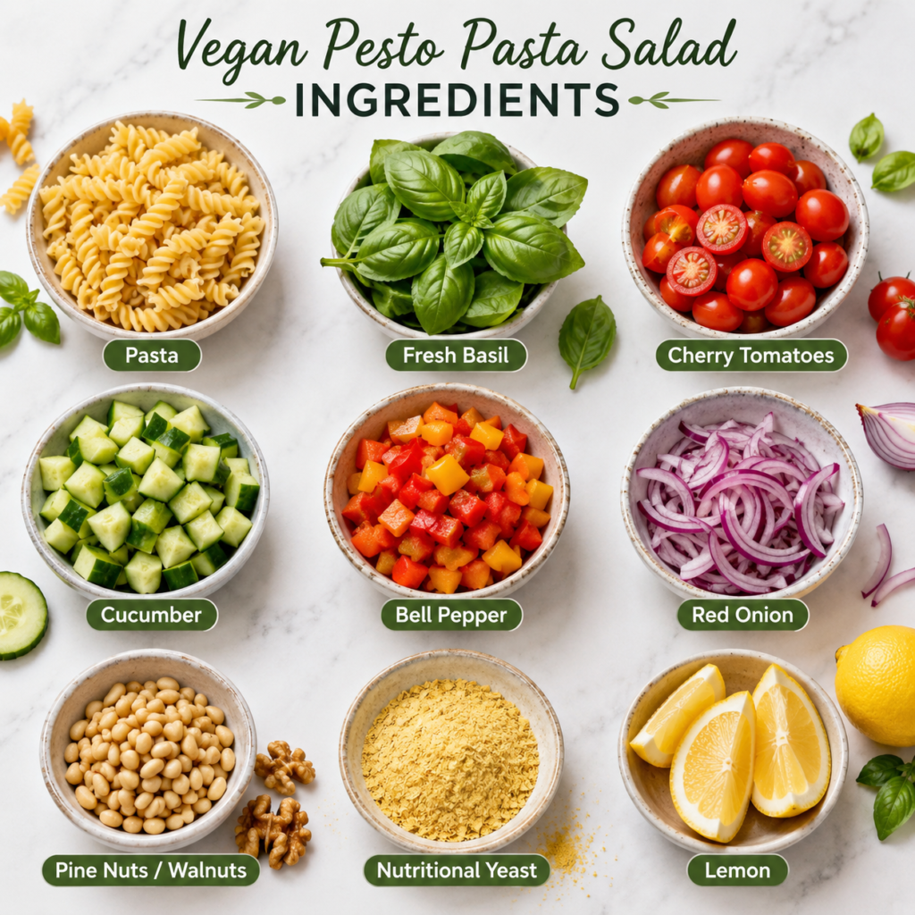 Ingredients for vegan pesto pasta salad including pasta, basil, cherry tomatoes, cucumber, bell pepper, red onion, walnuts, nutritional yeast, and lemon.