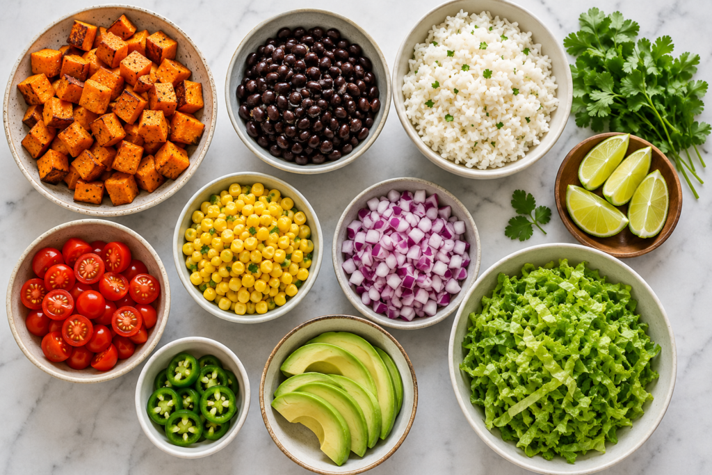 Ingredients for Sweet Potato and Black Bean Burrito Bowl including sweet potatoes, black beans, rice, lime, avocado, and fresh toppings.