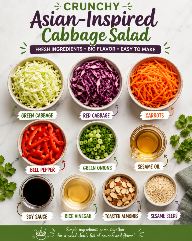 Ingredients for crunchy Asian-inspired cabbage salad including green cabbage, red cabbage, carrots, bell pepper, green onions, sesame oil, soy sauce, rice vinegar, almonds, and sesame seeds.