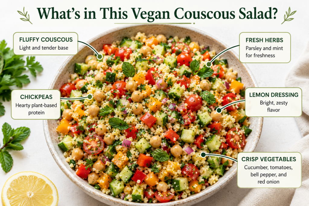 Vegan couscous salad with chickpeas, fresh herbs, vegetables, and lemon dressing labeled with ingredient callouts.
