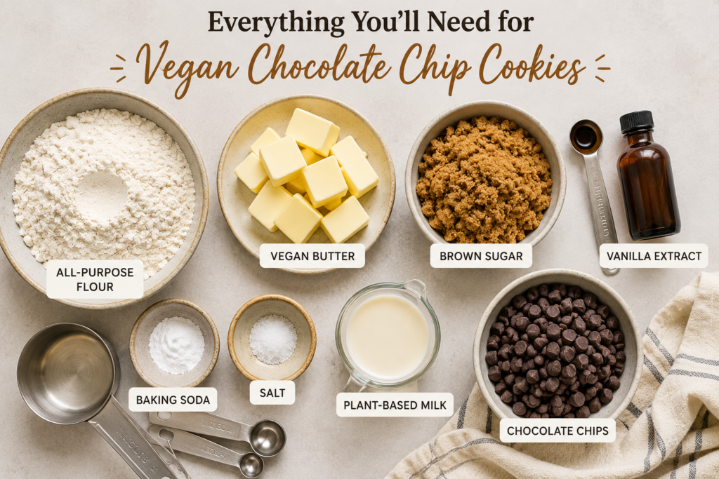 Ingredients for vegan chocolate chip cookies including flour, vegan butter, brown sugar, vanilla extract, and chocolate chips.