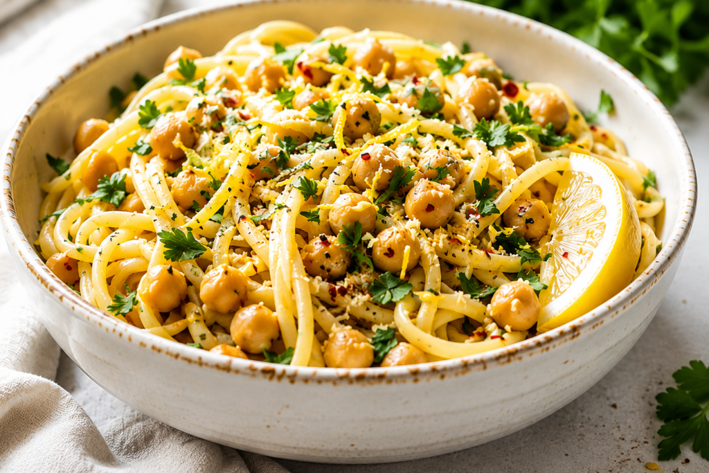 Lemon Garlic Chickpea Pasta