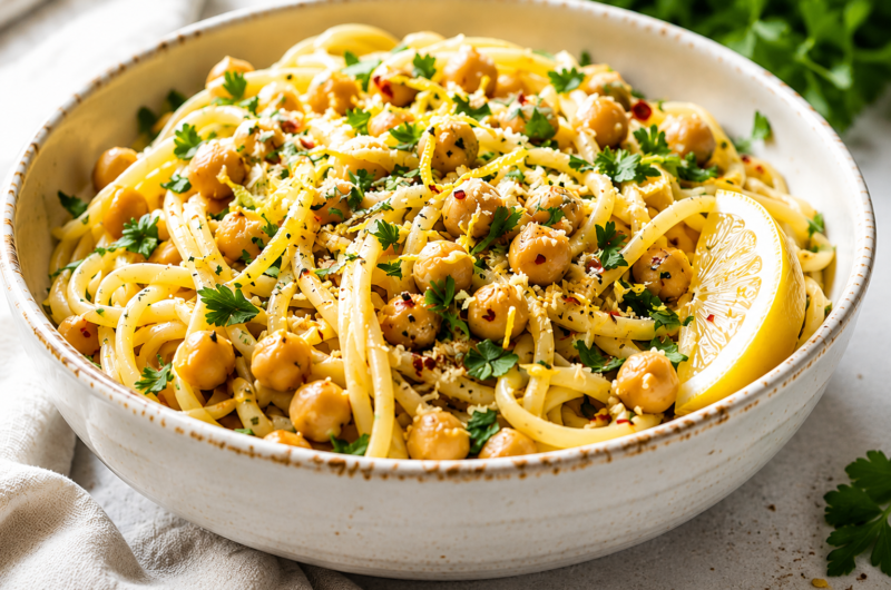 This Lemon Garlic Chickpea Pasta Is Fresh, Zesty, and Filling