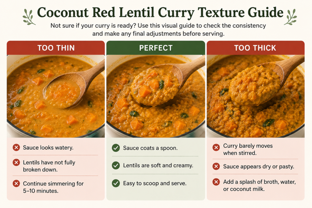 Coconut red lentil curry texture guide showing too thin, perfect, and too thick curry consistencies.