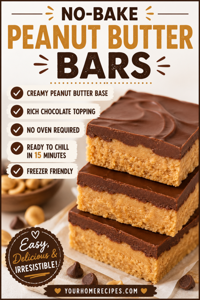 Recipe success snapshot showing no-bake peanut butter bars with creamy peanut butter filling and chocolate topping.