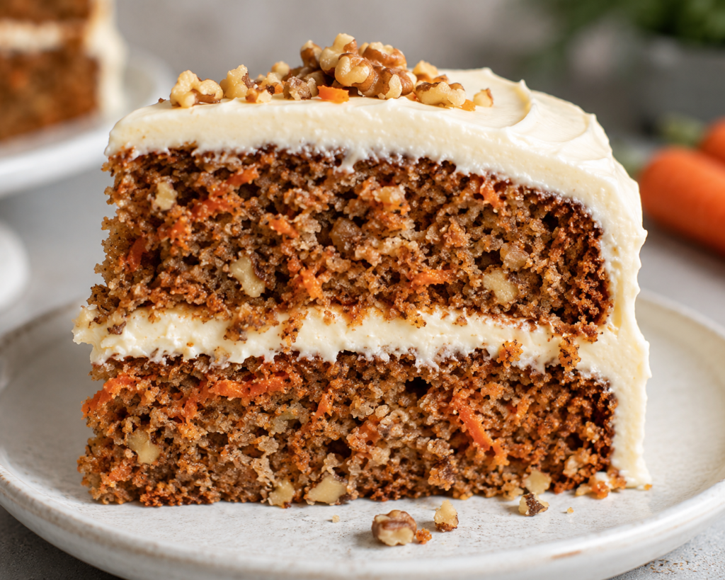 Slice of vegan carrot cake showing moist crumb, grated carrots, and dairy-free cream cheese frosting between layers