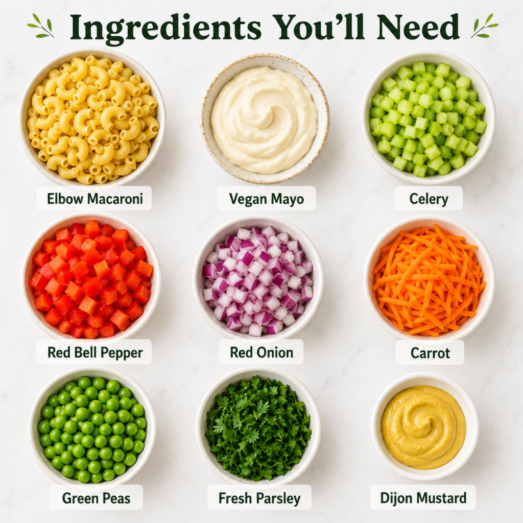 Ingredient collage showing elbow macaroni, vegan mayonnaise, celery, red bell pepper, red onion, carrot, green peas, fresh parsley, and Dijon mustard for vegan macaroni salad.