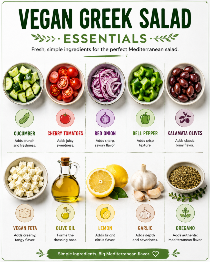 Visual ingredient guide showing cucumber, cherry tomatoes, red onion, bell pepper, Kalamata olives, vegan feta, olive oil, lemon, garlic, and oregano for vegan Greek salad.