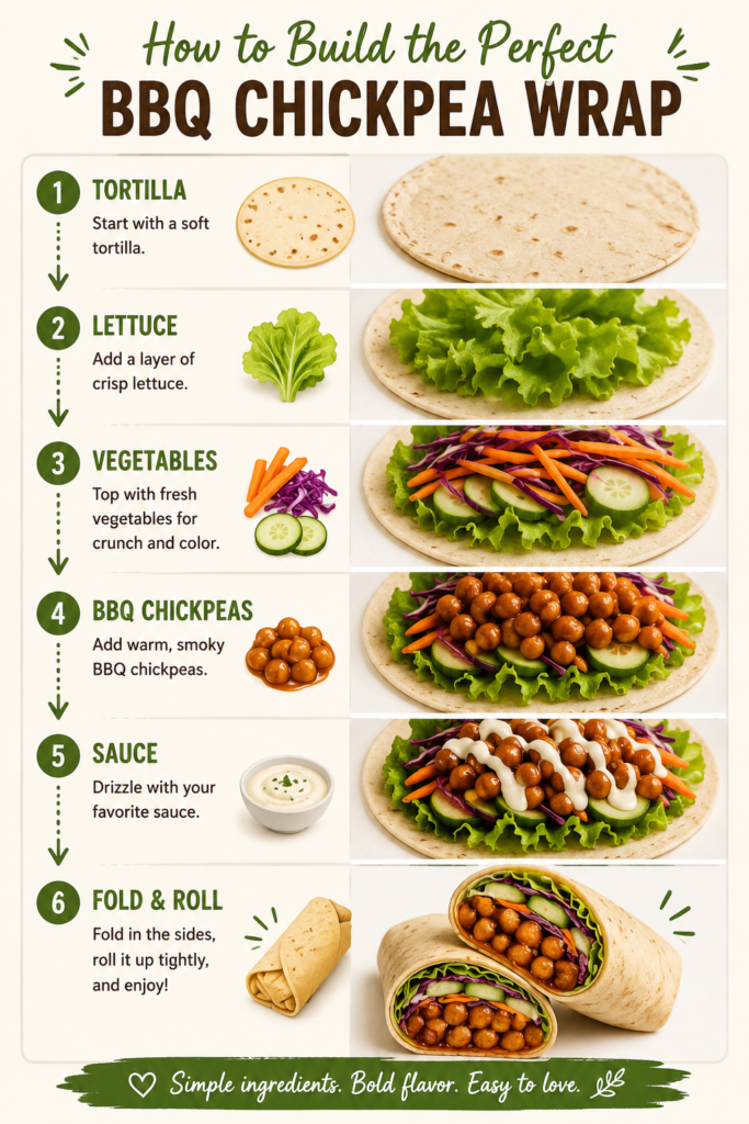 Step-by-step visual guide showing how to assemble BBQ chickpea wraps with lettuce, vegetables, BBQ chickpeas, sauce, and tortilla.