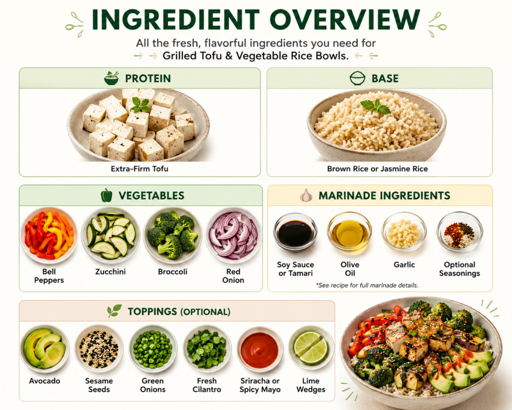 Ingredient overview for grilled tofu and vegetable rice bowls featuring tofu, rice, bell peppers, zucchini, broccoli, red onion, marinade ingredients, and optional toppings.