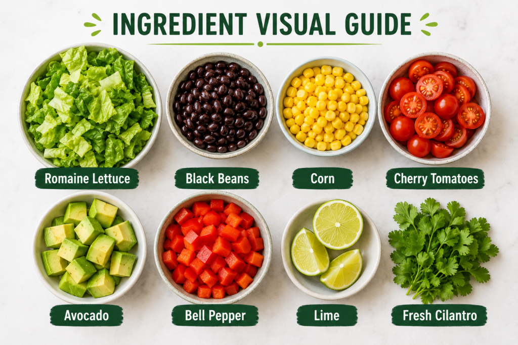 Ingredients for vegan taco salad arranged on a table including romaine lettuce, black beans, corn, cherry tomatoes, avocado, bell pepper, lime, and fresh cilantro.