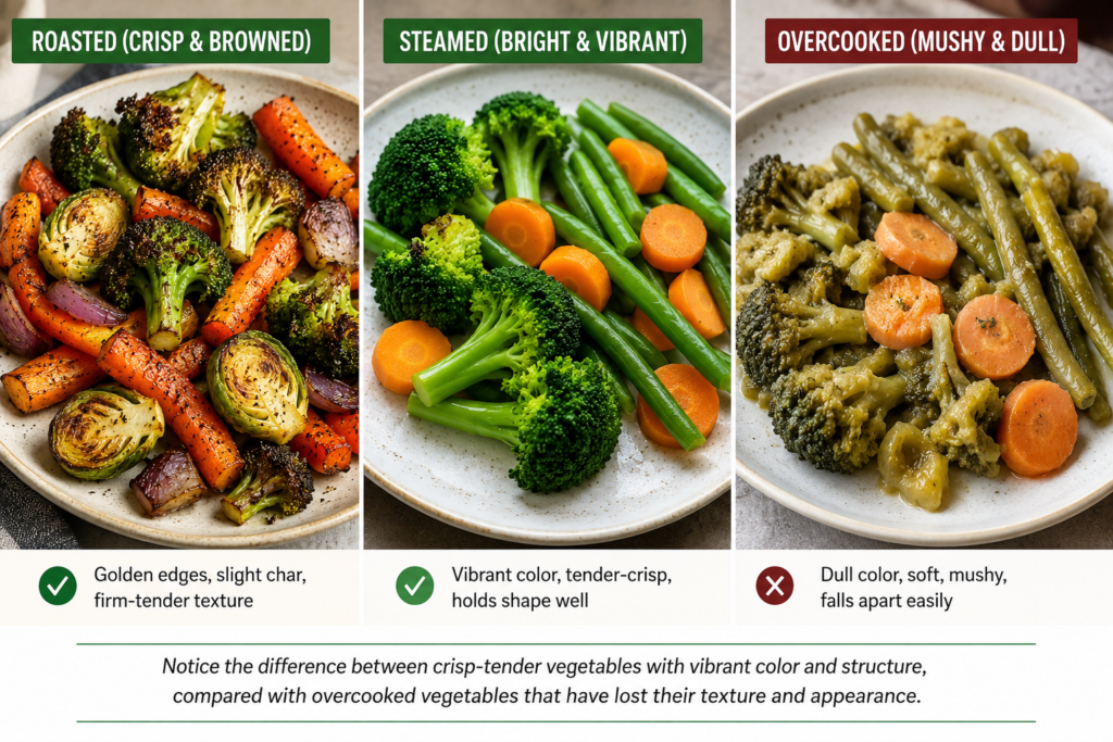 Side-by-side comparison of roasted, steamed, and overcooked vegetables showing differences in texture, color, and appearance.